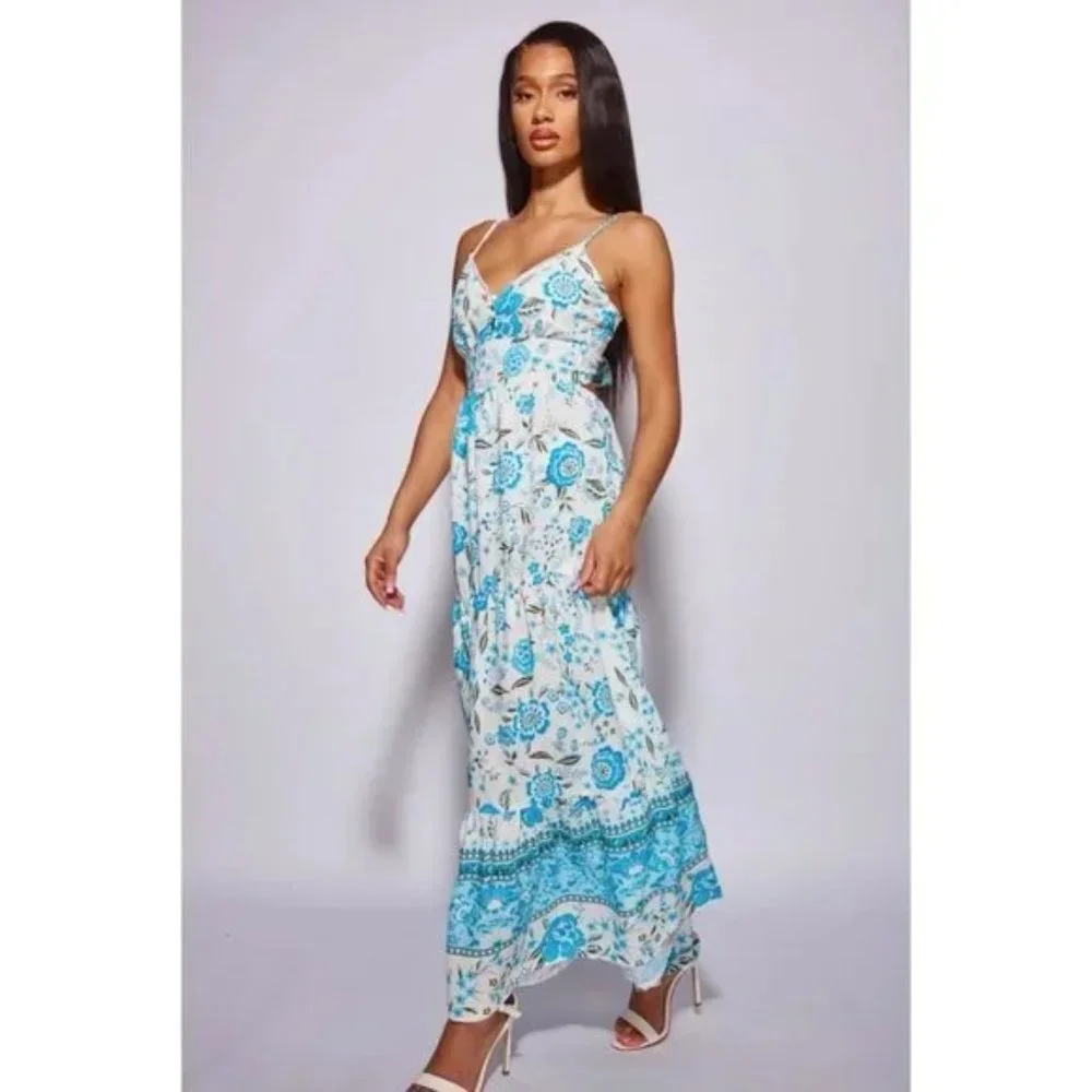 Blue Floral Print V-Neck Open Back Tiered Maxi Dress - Picture 3 of 15